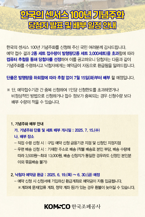 센서스 기념주화 추첨 결과 발표